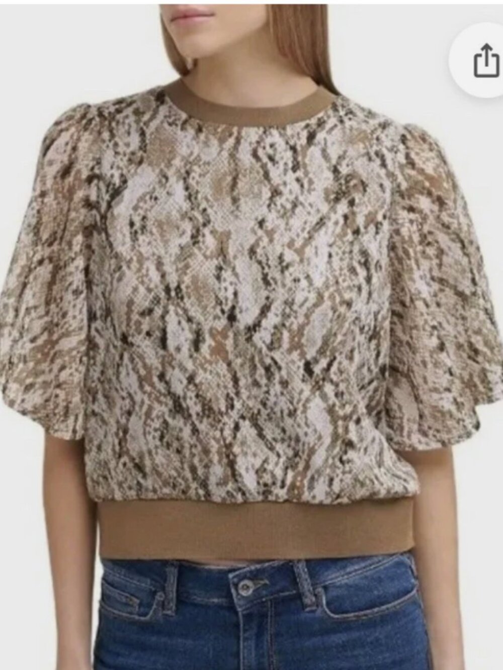 DKNY Women's Brown Crew Neck Short Flutter Sleeve Snake Print Top Size S